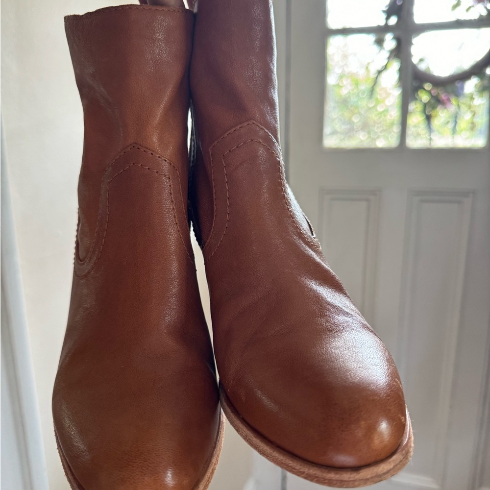 Frye Brown Heeled Boots with Stacked Wooden Heel - Picture 2 of 6